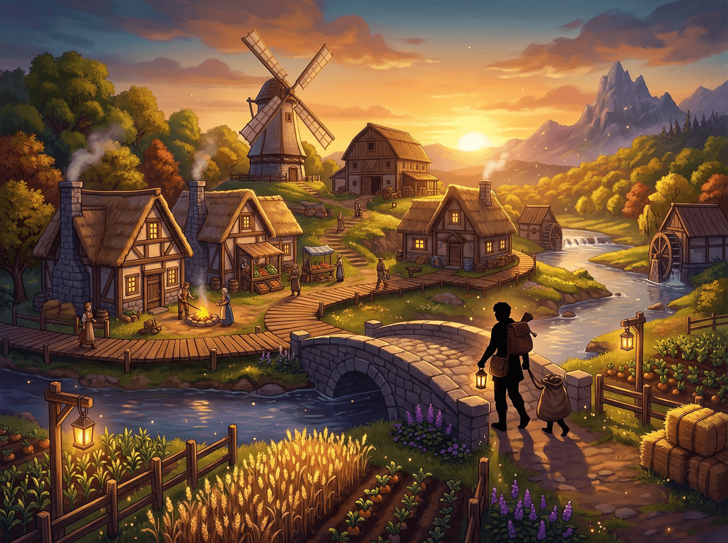 Original cozy farming-adventure world with crops, cabins, and warm village light.